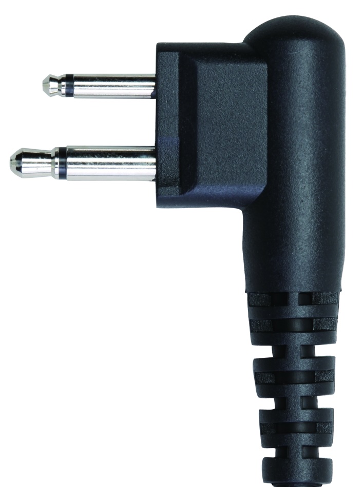 Schwarzer, abgewinkelter 2-Pin-Stecker für CoPacks Headsets, detailliert. Mit zwei silbernen, unterschiedlich langen Metallstiften im L-förmigen Kunststoffgehäuse. Unten Ansatz eines strukturierten Kabelschutzes. Für Motorola GP300, CP040, DP1400.