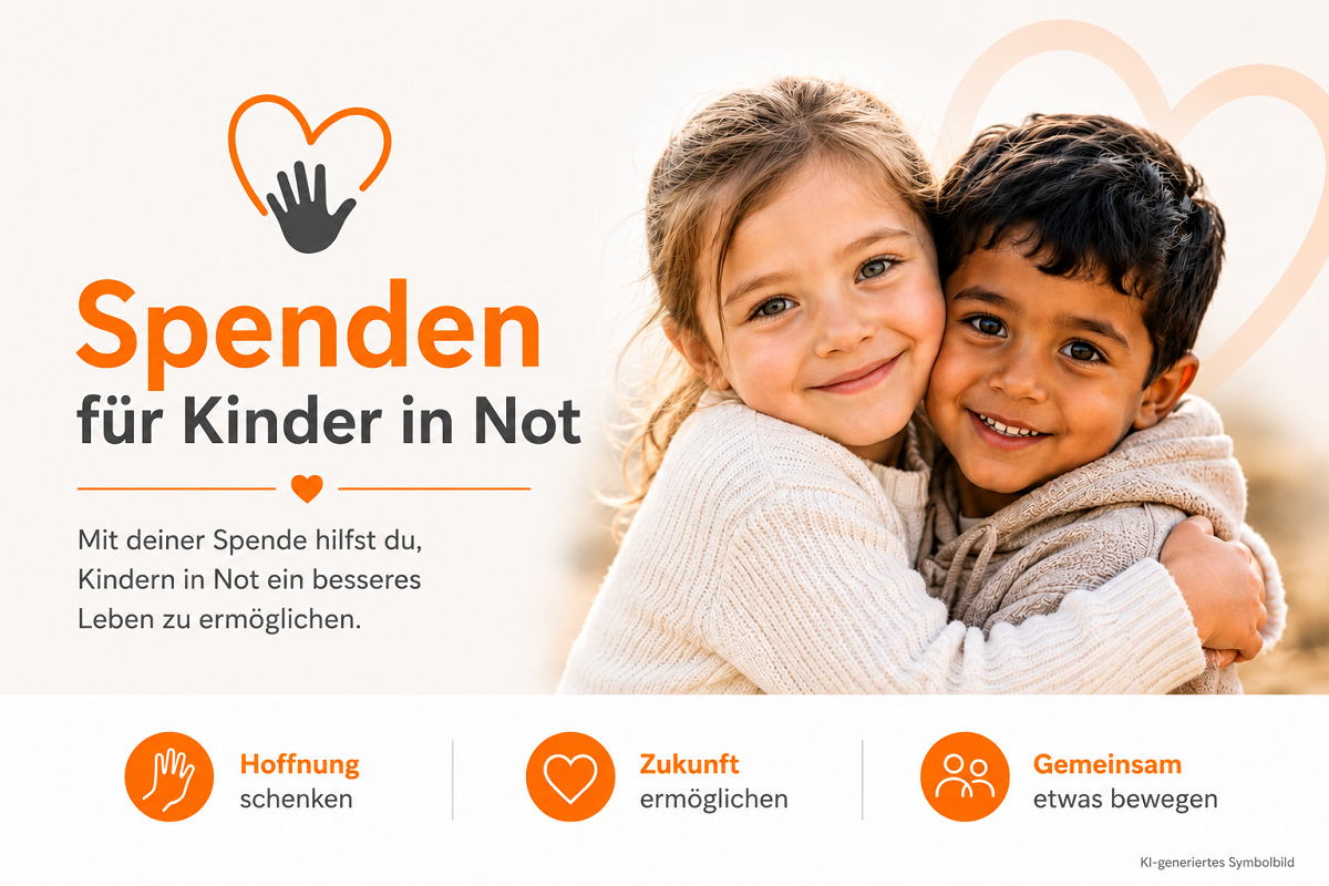 Zwei glücklich lächelnde Kinder, ein Mädchen und ein Junge, umarmen sich herzlich. Sie strahlen Wärme und Hoffnung aus, vor weichem Hintergrund. Die Botschaft ruft zu Spenden auf, um Kindern in Not Zukunft zu schenken.