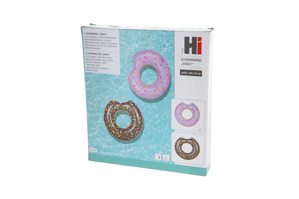 Produktverpackung für einen aufblasbaren Schwimmring im Donut-Design. Die Box zeigt zwei Donut-Schwimmringe mit Bissspuren und bunten Streuseln, einen rosa und einen braun, auf blauer Wasserfläche. Technische Details sichtbar.
