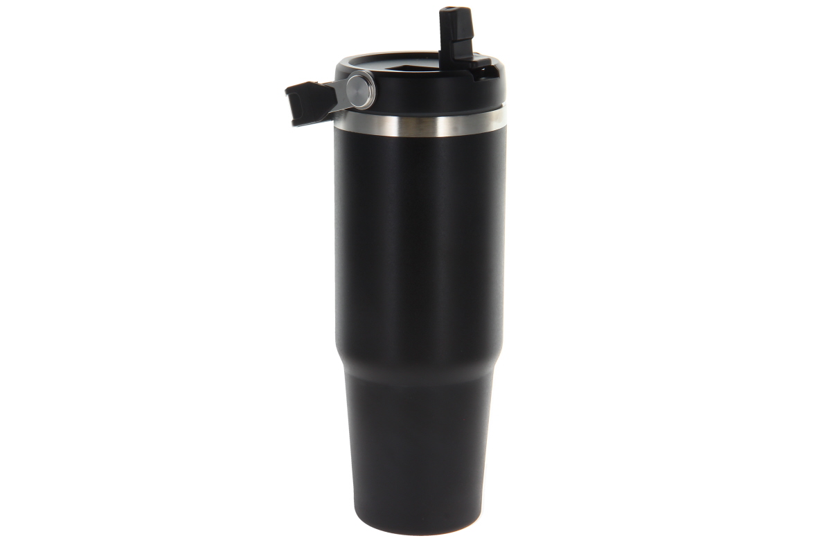 Schwarzer Thermobecher (800 ml) für kalte und warme Getränke mit silbernem Rand unter dem Deckel und schwarzem Tragegriff. Deckel mit aufklappbarem Trinkverschluss. Steht auf weißem Hintergrund.