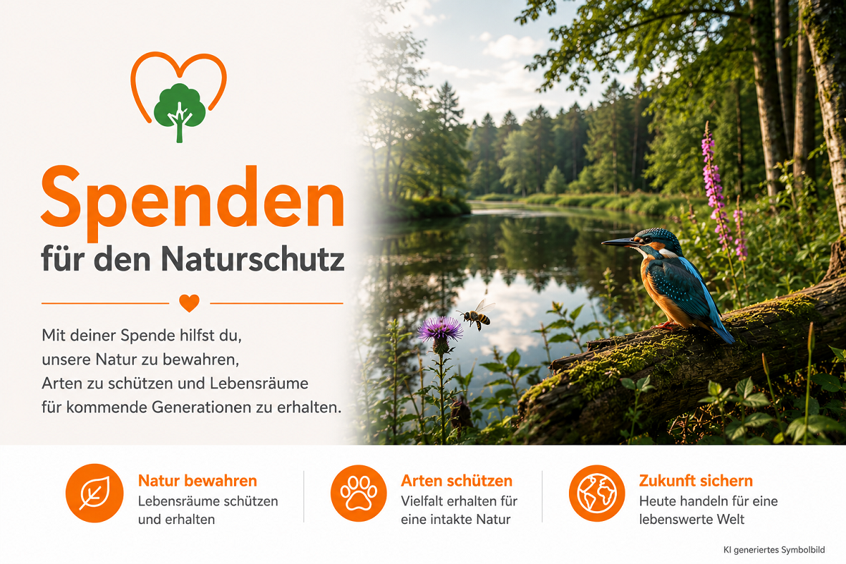 Ein farbenprächtiger Eisvogel mit blau-orangefarbenem Gefieder sitzt auf einem moosbewachsenen Baumstamm am Ufer eines ruhigen Sees. Eine Biene fliegt zu einer violetten Distelblüte. Dahinter dichter Wald, sonniger Himmel.