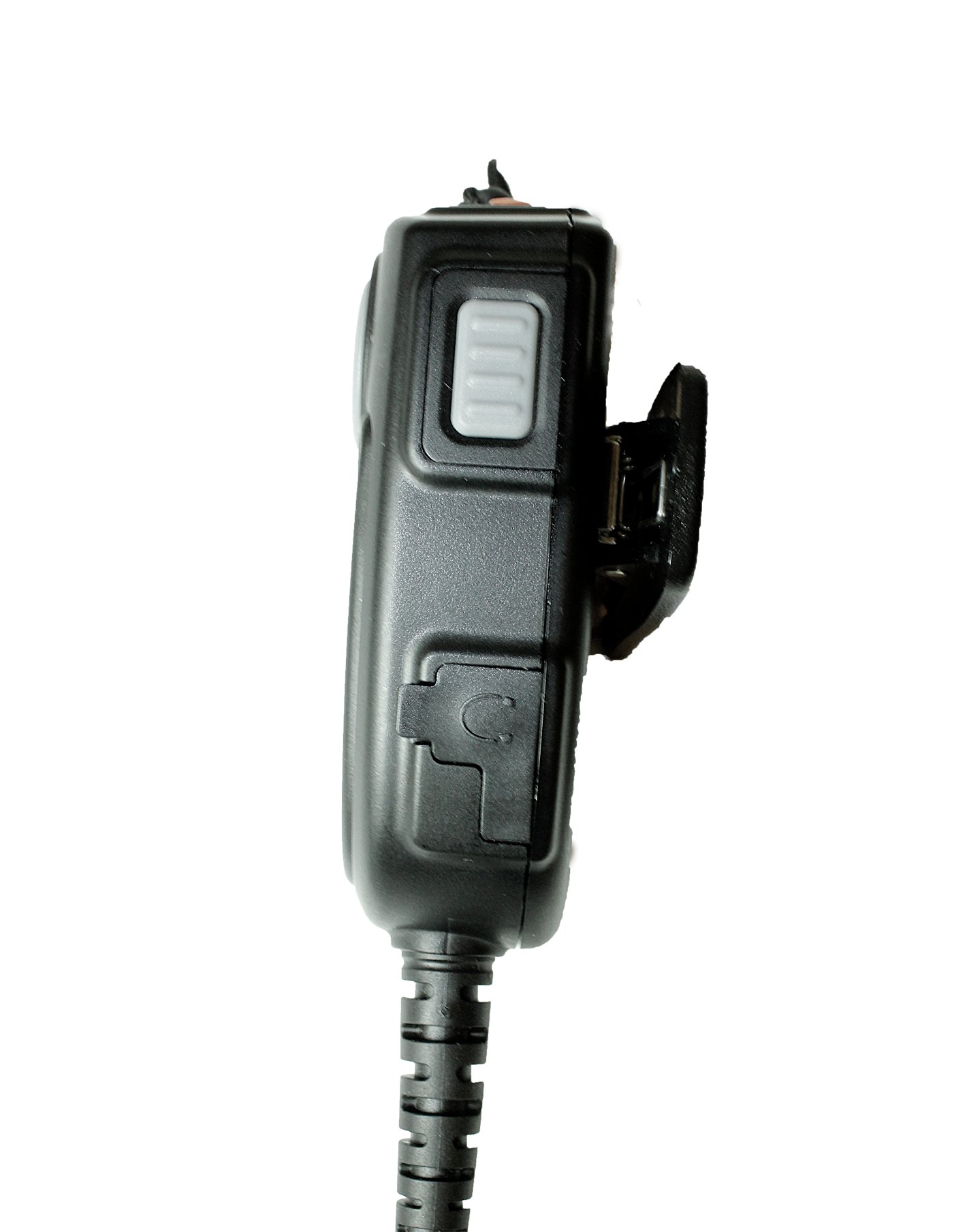 Schwarzes TITAN Lautsprechermikrofon MM20 seitlich, mit großem hellgrauem PTT-Knopf oben und stabilem Gürtelclip. Robustes geriffeltes Kabel am unteren Ende. Kompakt für Hytera Funkgeräte in rauen Umgebungen.