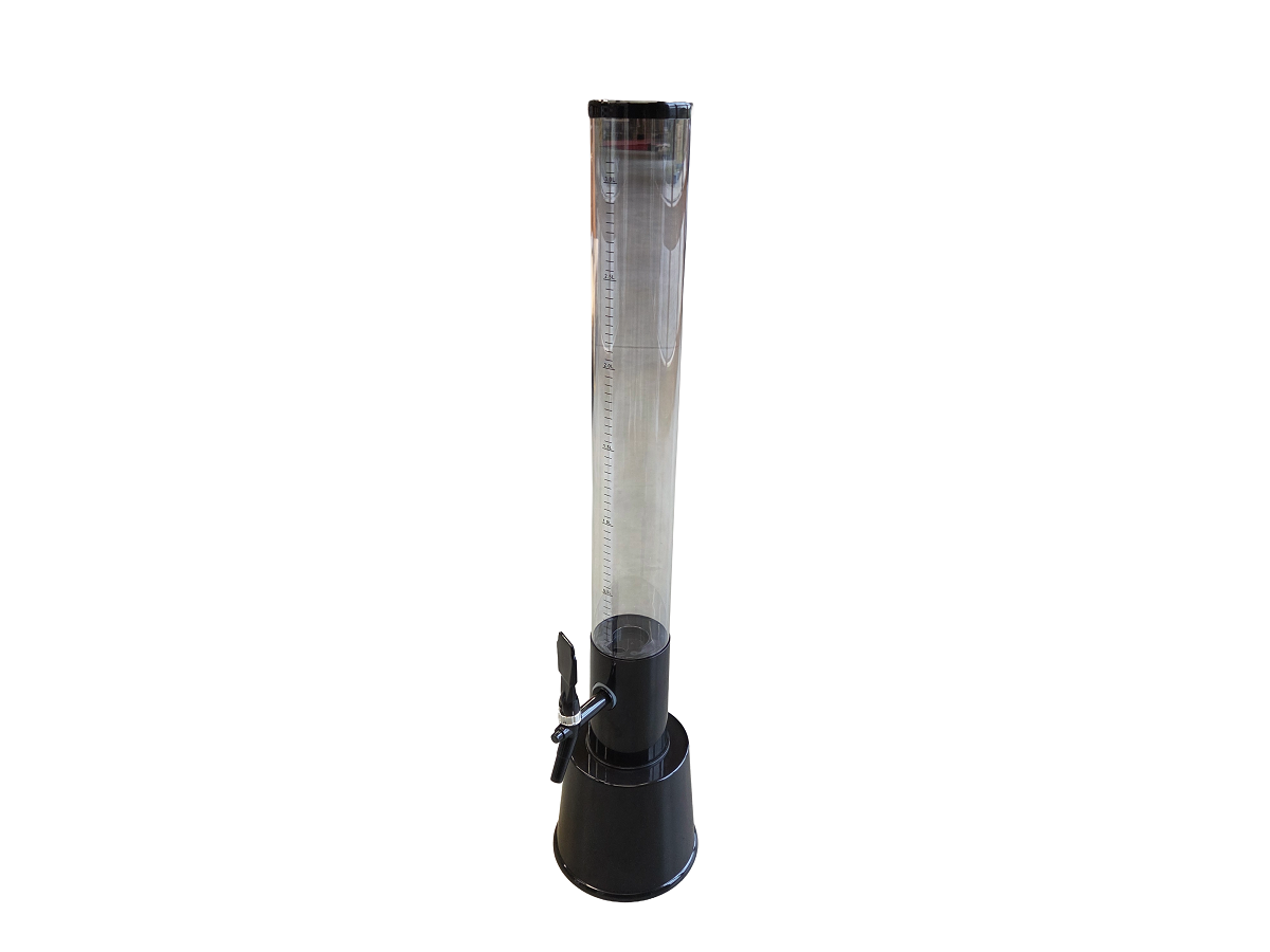 Hohe transparente Zapfsäule für Getränke (ca. 3 L). Zylindrisches Gefäß auf stabilem schwarzen Sockel, mit schwarzem Zapfhahn nahe der Basis. Deutliche Mengenskalierung an der Seite zur Füllstandskontrolle.