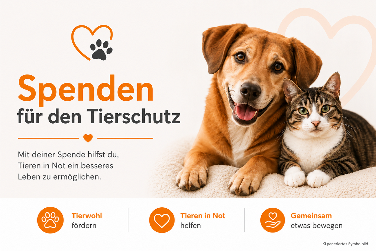 Ein freundlicher, brauner Hund mit heraushängender Zunge liegt lächelnd neben einer getigerten Katze mit grünen Augen, die in die Kamera blickt. Beide ruhen auf einer hellen, flauschigen Decke. Daneben: "Spenden für den Tierschutz".