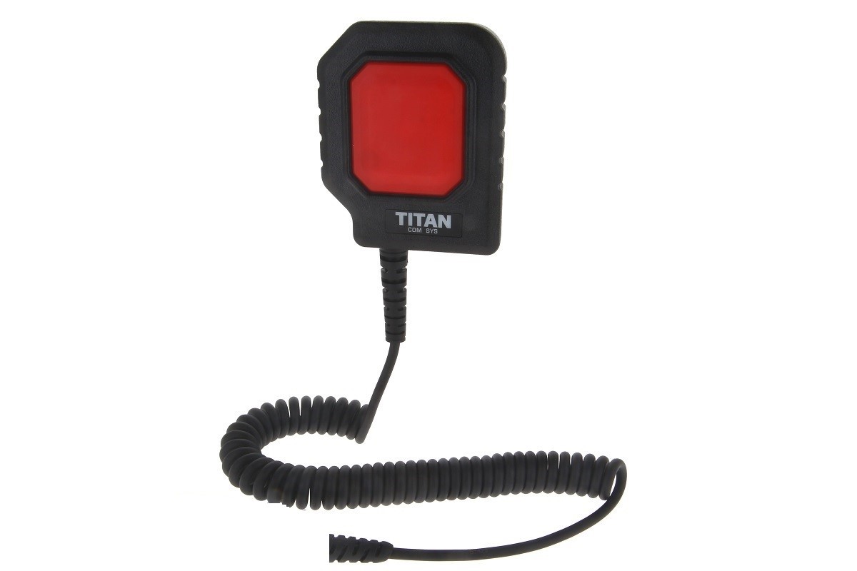 Schwarzes TITAN-PTT-Modul mit großer roter Taste oben, ideal für professionellen Funkverkehr. Unter der Taste steht TITAN COM SYS. Ein robustes Spiralkabel führt von der Unterseite weg und weist auf eine Verbindung hin.