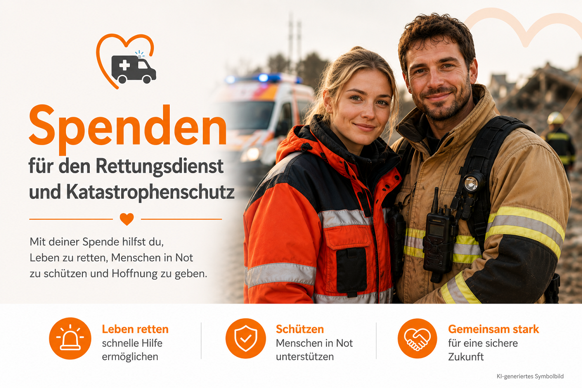 Eine lächelnde Sanitäterin in orange-schwarzer Einsatzjacke steht neben einem lächelnden Feuerwehrmann in beigefarbener Uniform mit Funkgerät. Im verschwommenen Hintergrund sind ein Rettungswagen mit Blaulicht und Trümmer zu sehen.